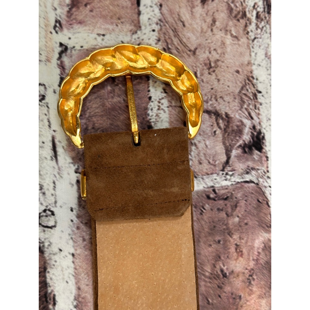 Anne Klein for Calderon Brown Suede Wide Waist Belt Gold Braided Buckle Medium - Picture 8 of 11